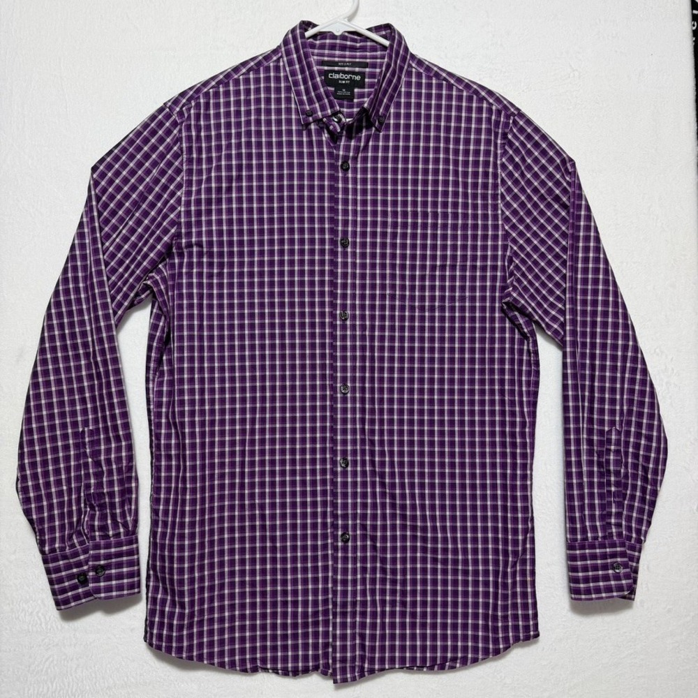 Claiborne Men's Medium Slim Fit Purple Plaid Button Down Shirt 100% Cotton